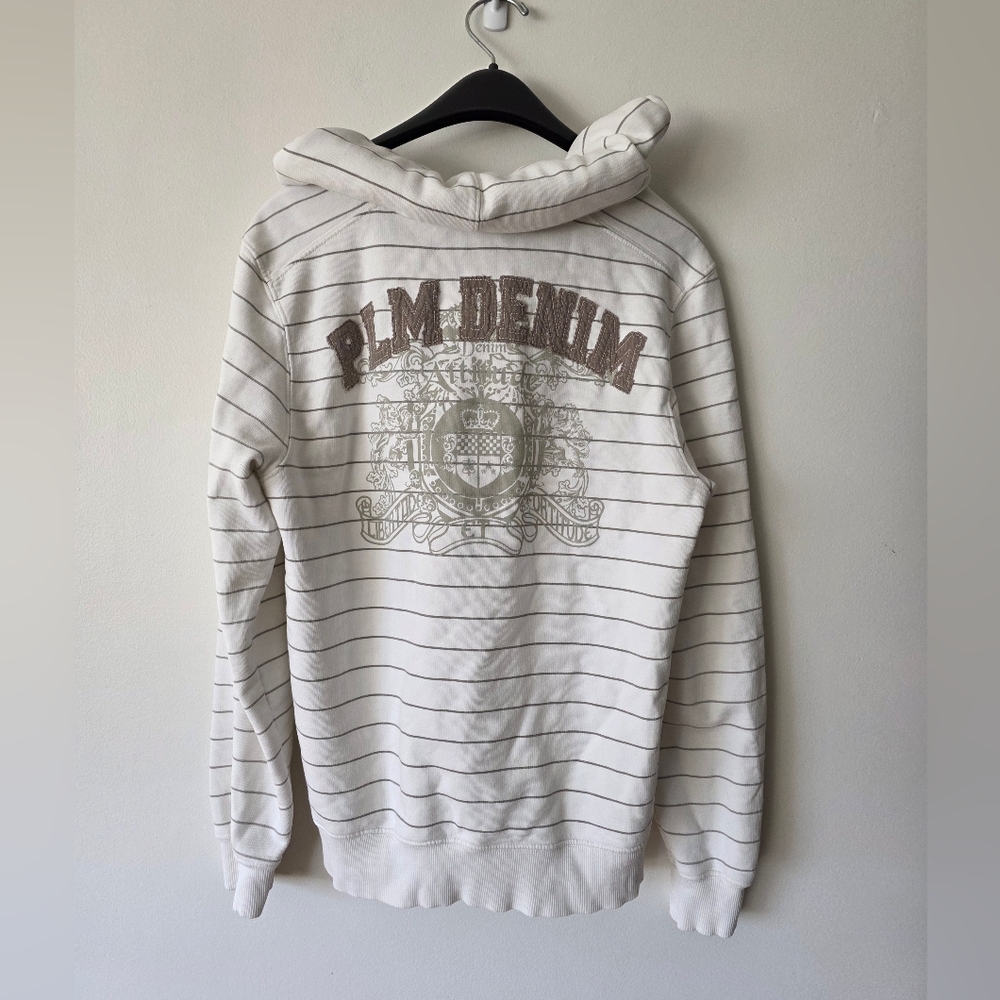 Rare - Poolman PLM Denim Zip Up Hoodie White Striped Crest Logo Medium